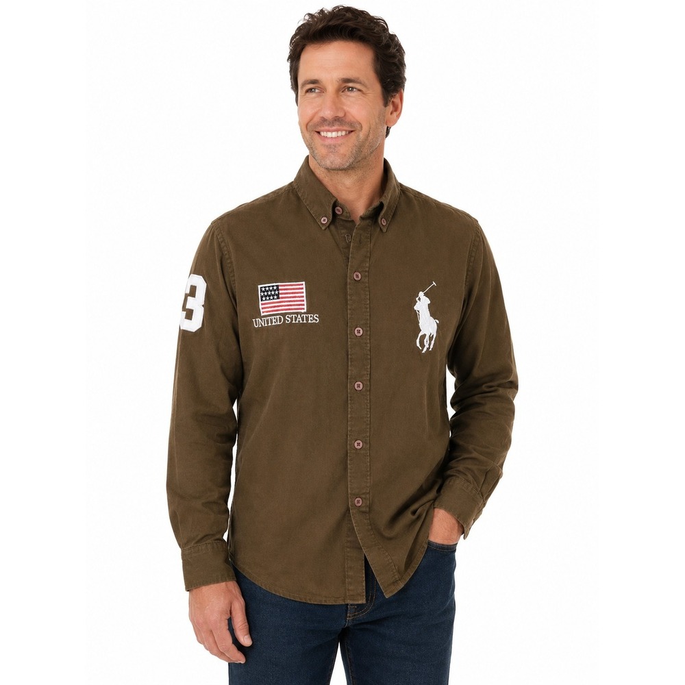 Polo Ralph Lauren Shirt Medium Big Pony Button Up USA Embroidered Brown Size M